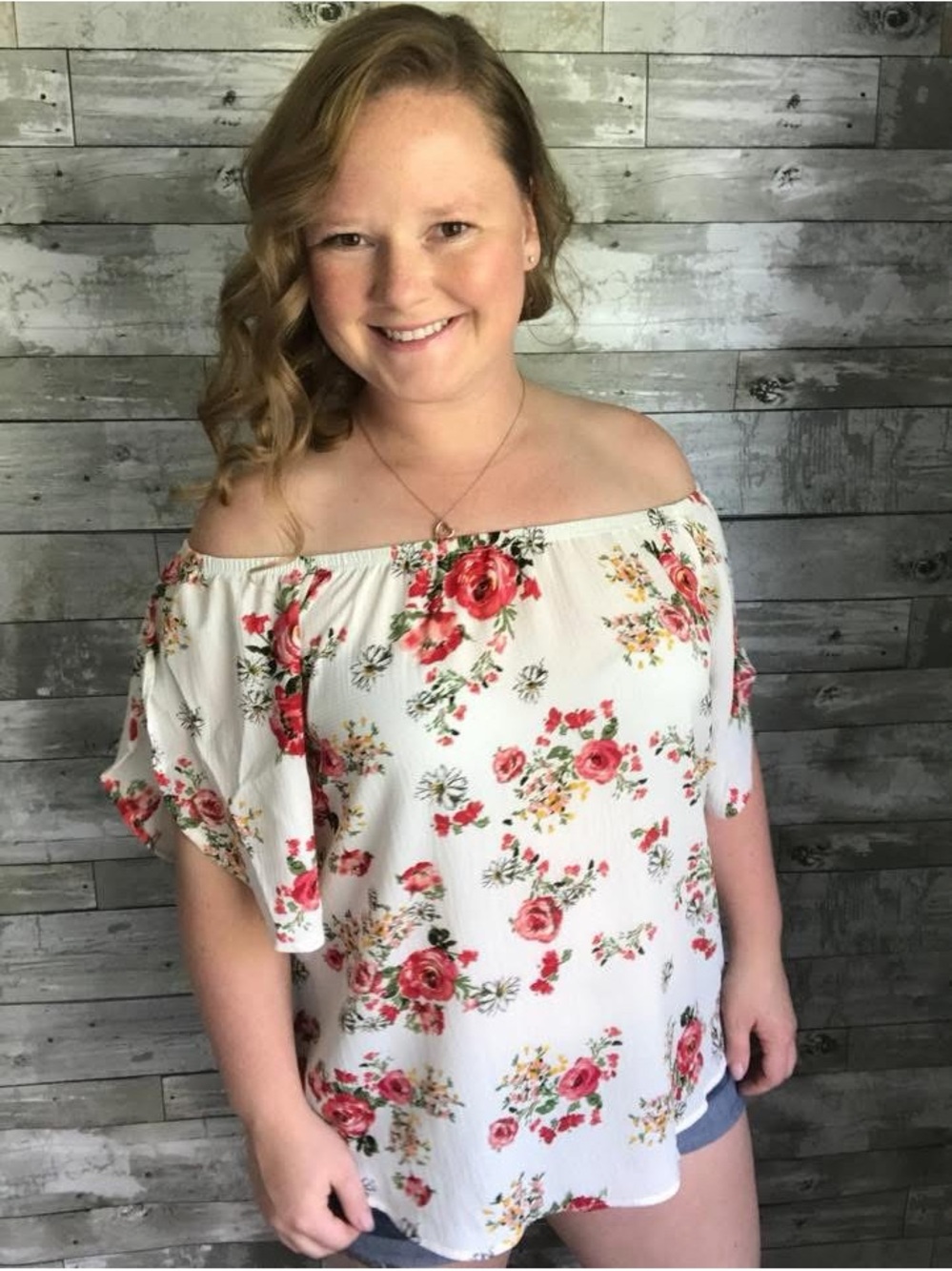 Emerald White Off-Shoulder Floral Blouse with Red Rose Print
